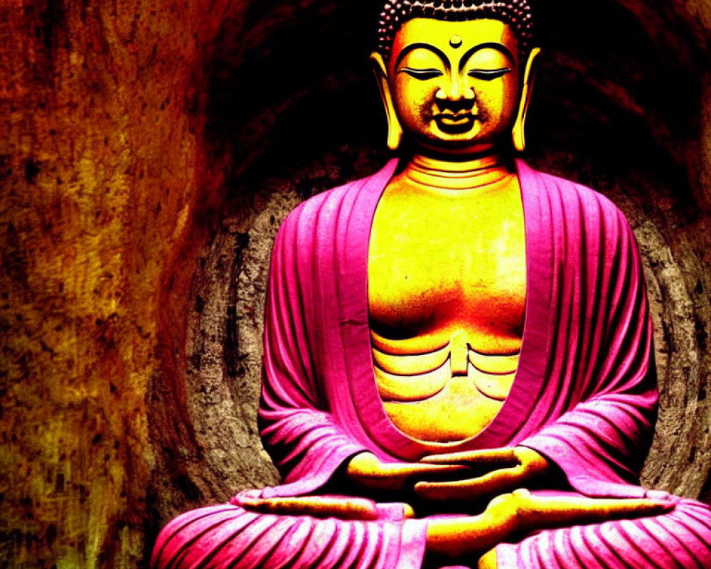 Golden-faced Buddha statue in pink robes against dark background