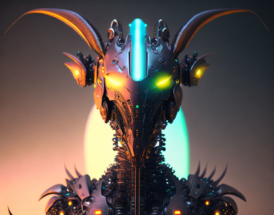 Futuristic robotic head with glowing eyes and curved horns on warm backdrop