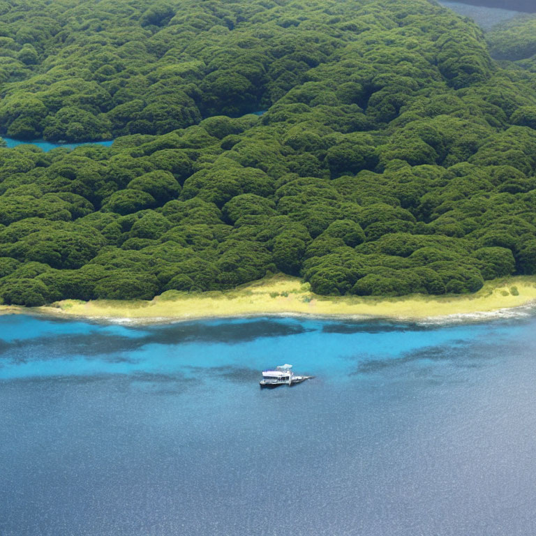 Boat floating on calm blue waters near golden shoreline and lush green hills