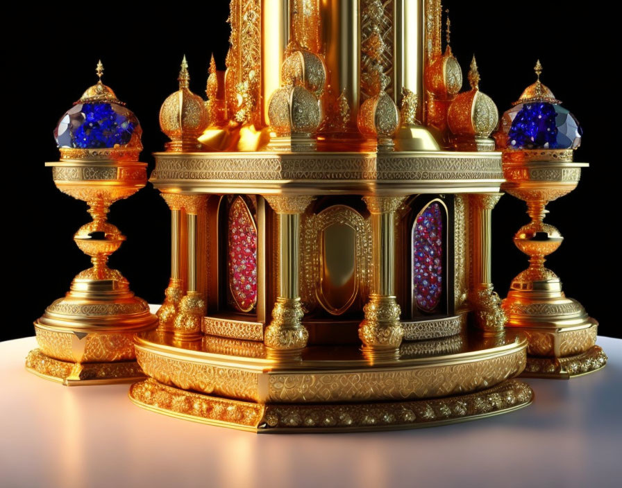 Golden Carousel with Jeweled Domes on Reflective Surface