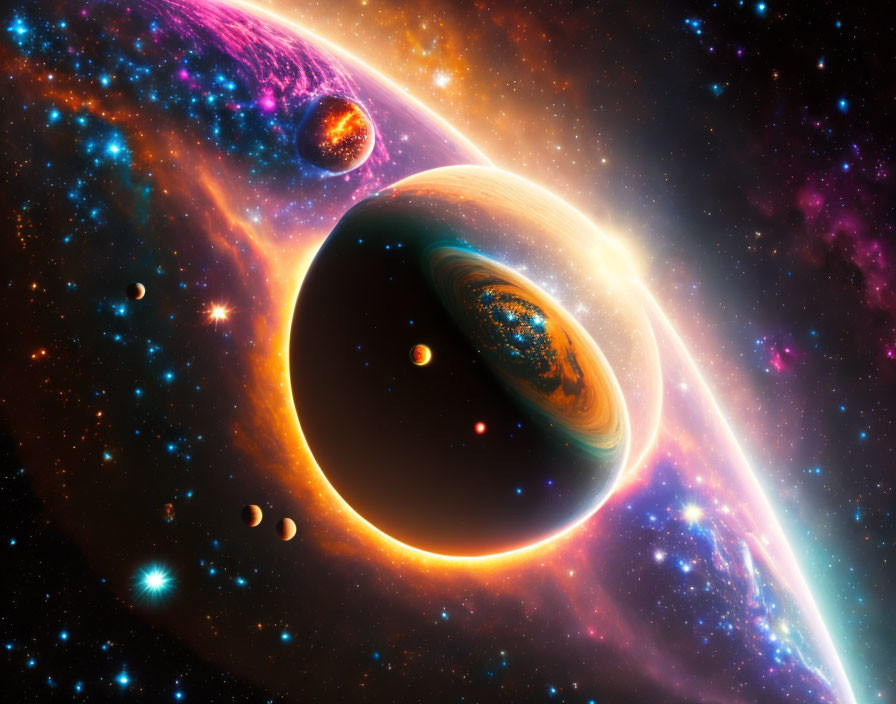 Large Planet and Moons in Colorful Cosmic Scene