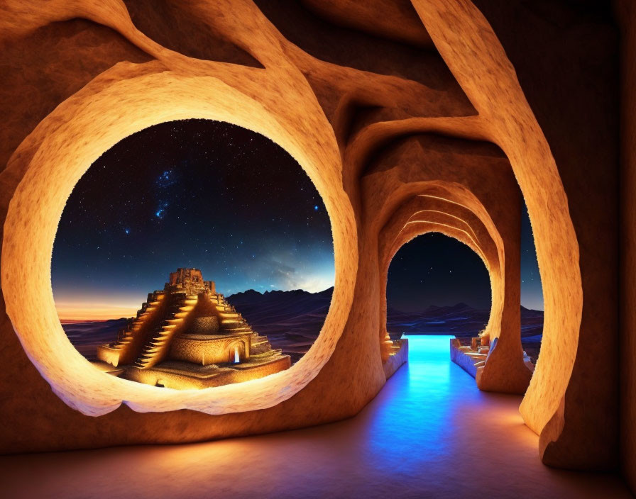 Surreal landscape with earthen arches and glowing pyramid at dusk