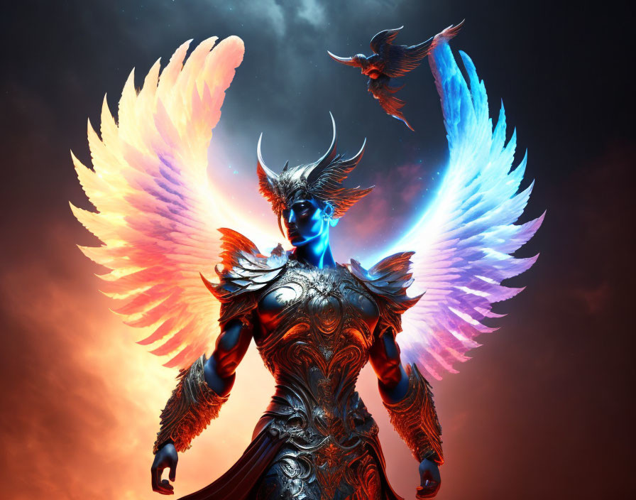 Mythical warrior in ornate armor with blue eyes and fiery wings against red and black sky