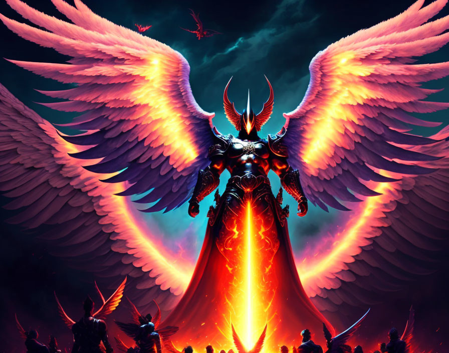 Large demonic figure with glowing pink wings and fiery eyes in dramatic red and blue setting