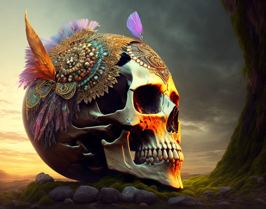 Skull with feathers and beadwork on cliffs and dusky sky