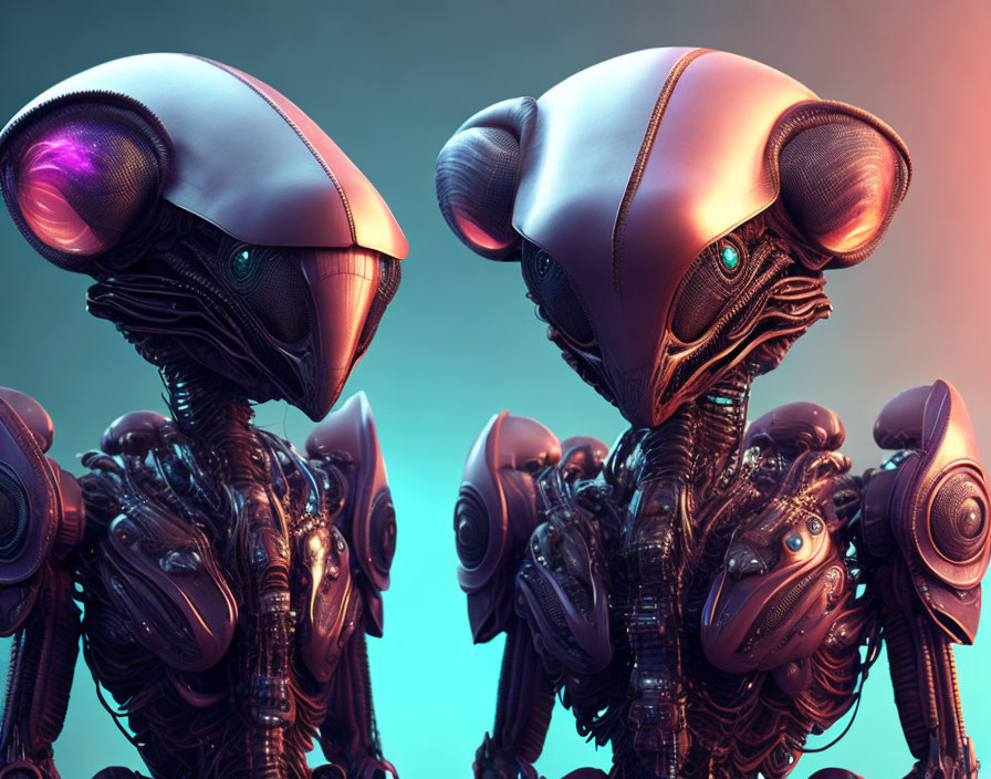 Futuristic robotic figures with sleek designs on gradient backdrop