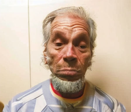 Elderly man with grey beard and weary expression in striped shirt