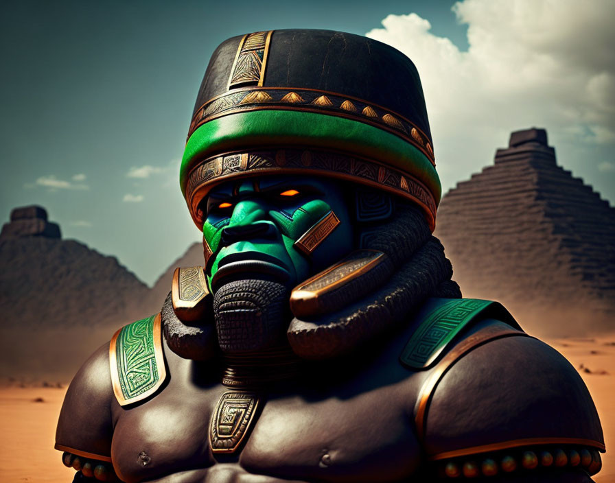 Stylized character in green and black armor with desert and pyramid background