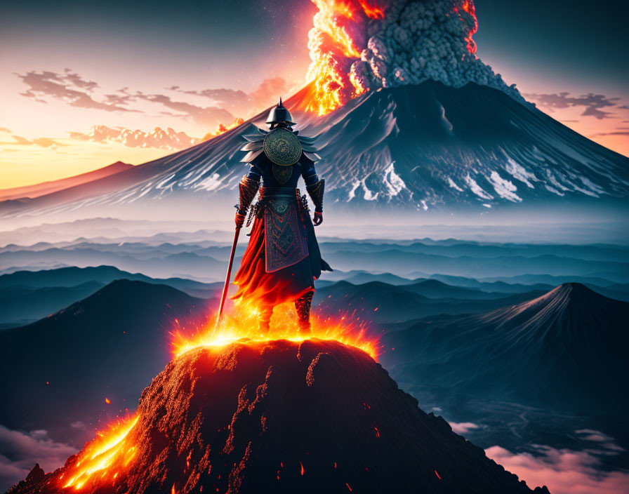 Samurai on lava mound with erupting volcano in dramatic sky