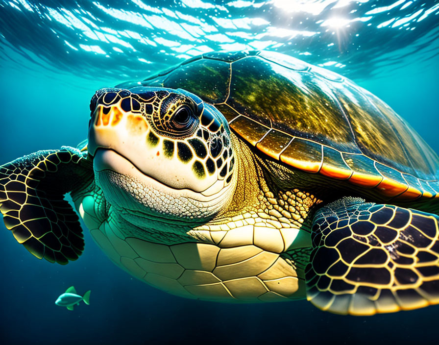 Sea turtle with patterned shell swimming in blue water