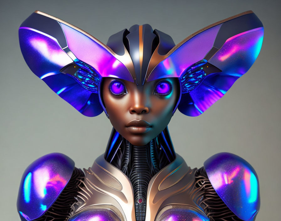 Futuristic digital artwork: Insect-like wings, purple eyes, holographic armor