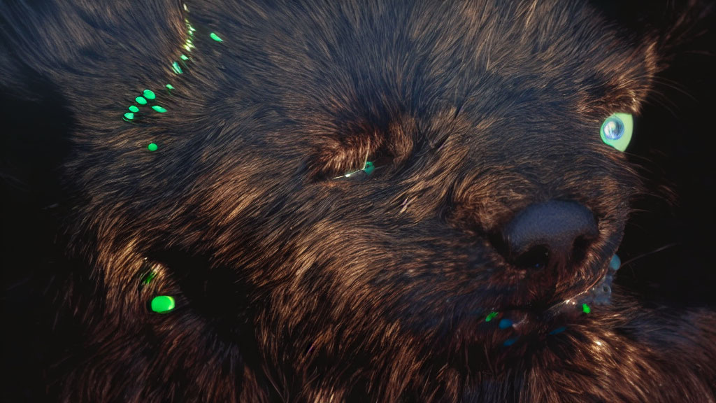 Detailed Close-up of Brown Furry Creature with Green Eyes and Markings