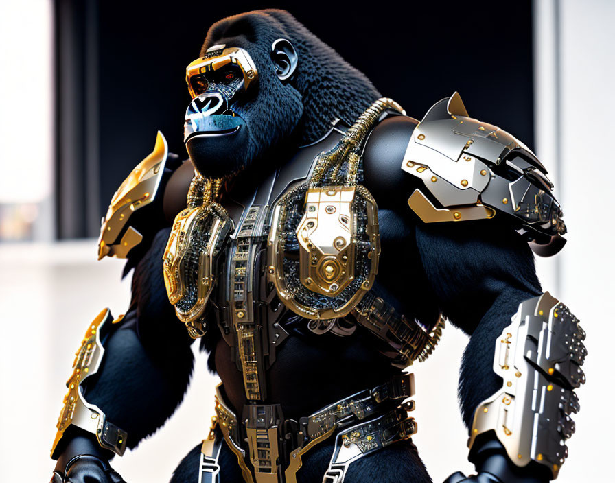 Futuristic cybernetic gorilla in armor and visor against blurred backdrop