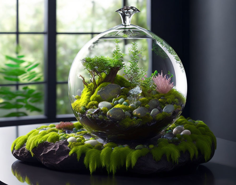 Lush green moss terrarium with trees and rocks under glass dome