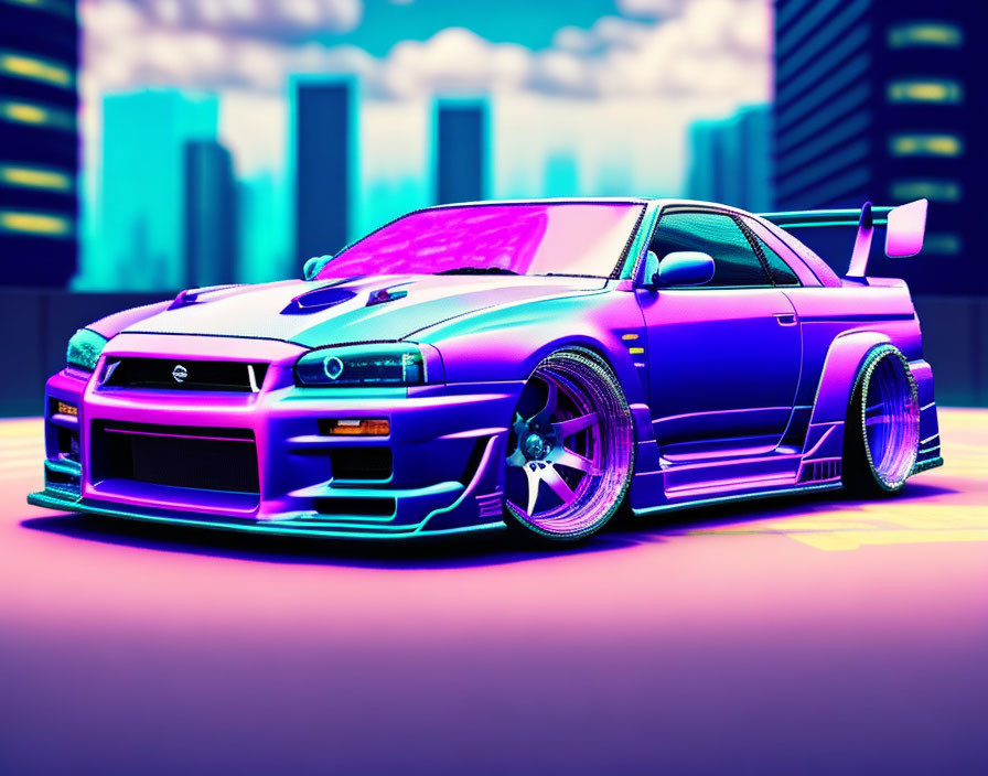 Digital artwork: Modified sports car in purple and blue with wing and deep dish wheels, against neon city