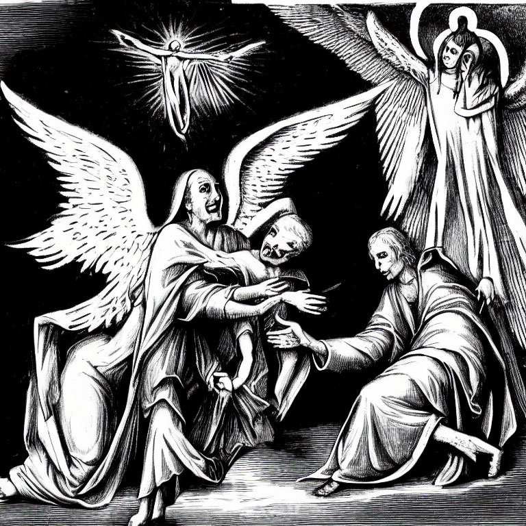 Monochrome illustration of three angels with outstretched wings and a descending spirit