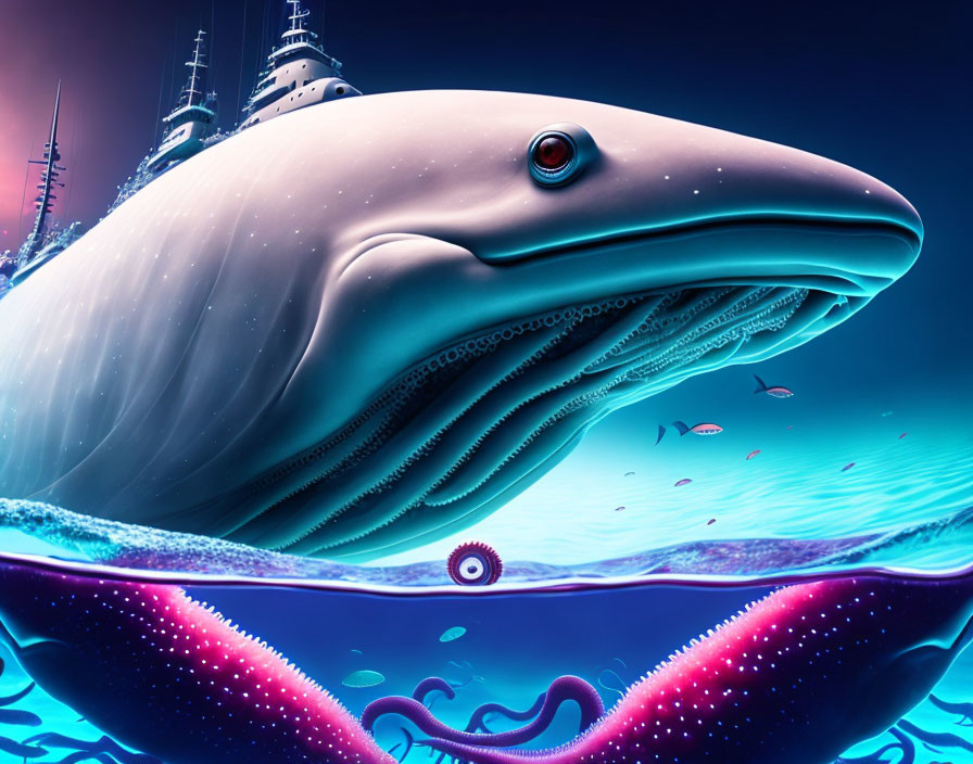 Whale-shaped submarine with fish and tentacles in surreal ocean scene