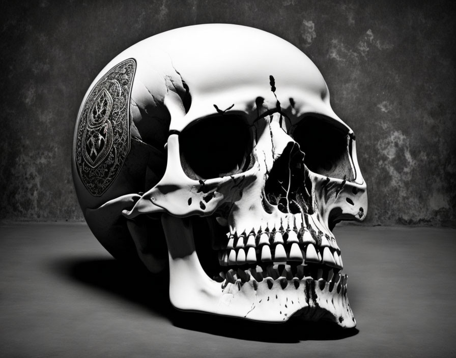 Monochrome skull with intricate temple pattern on textured backdrop