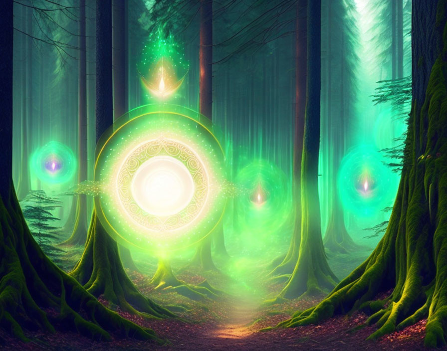 Enchanting forest path with glowing green trees and magical symbols