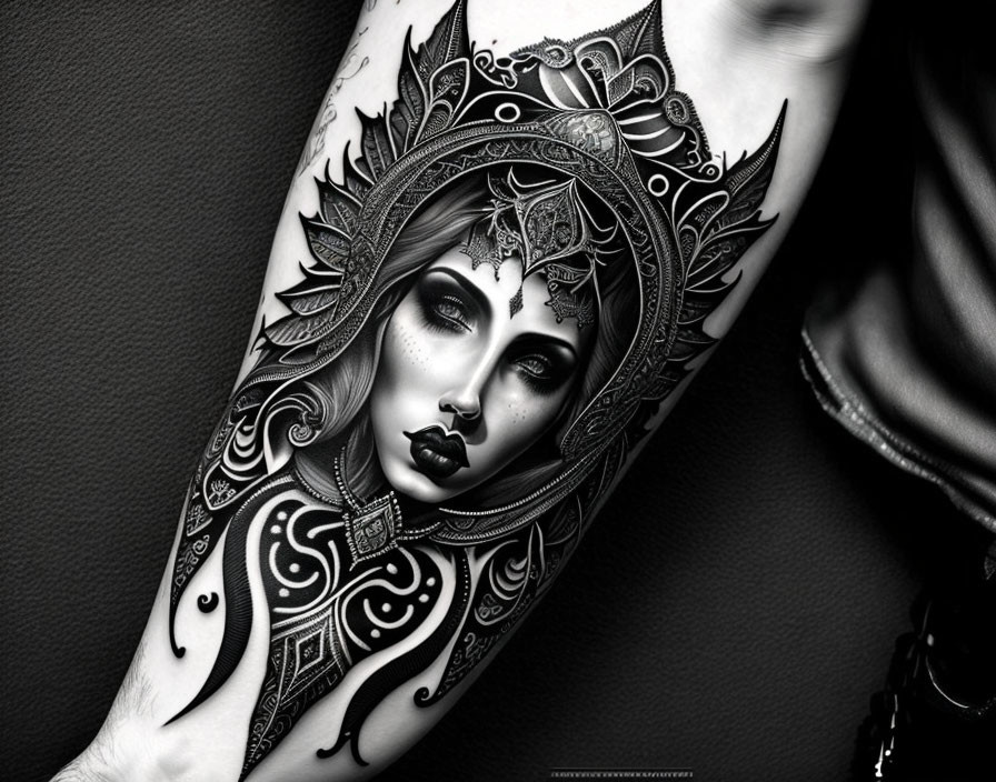 Detailed Black and White Woman with Ornate Headgear Tattoo on Forearm