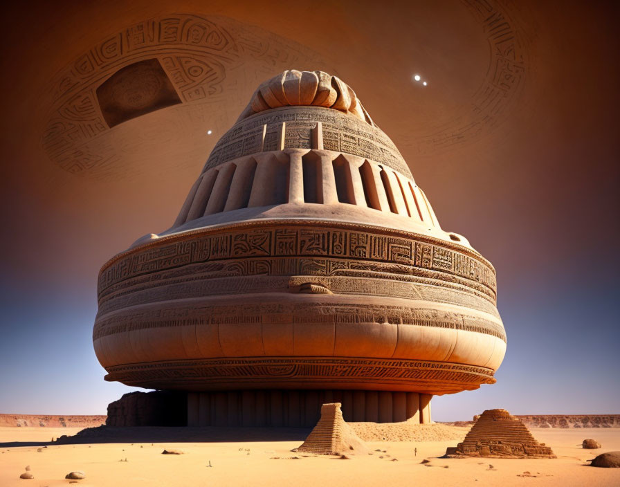 Enormous spacecraft with ancient Egyptian design elements over sandy desert landscape