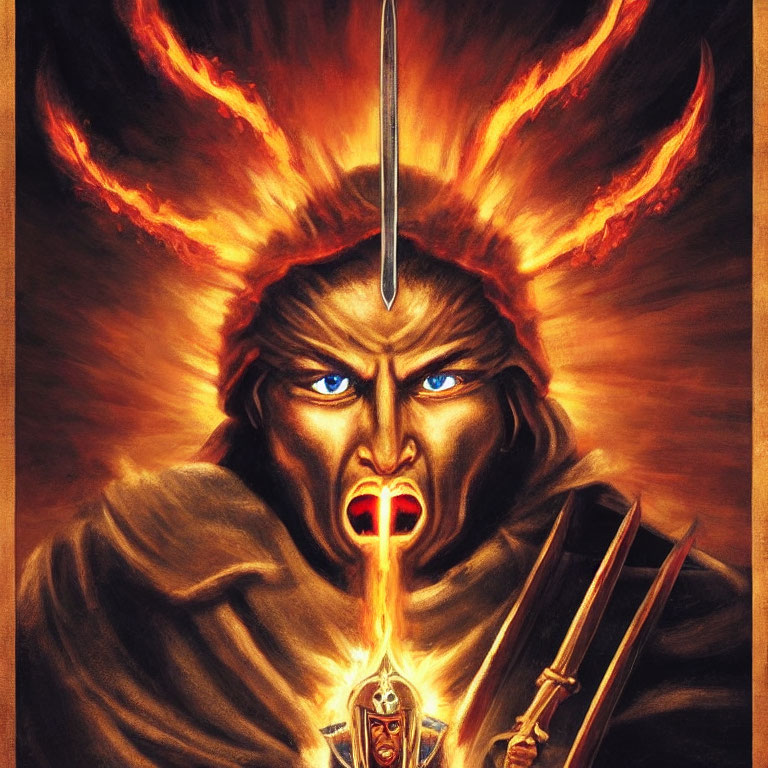 Fantasy character with fiery crown, glowing eyes, sword, and bow