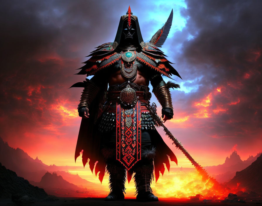 Tribal warrior in ornate armor with glowing red spear on fiery backdrop