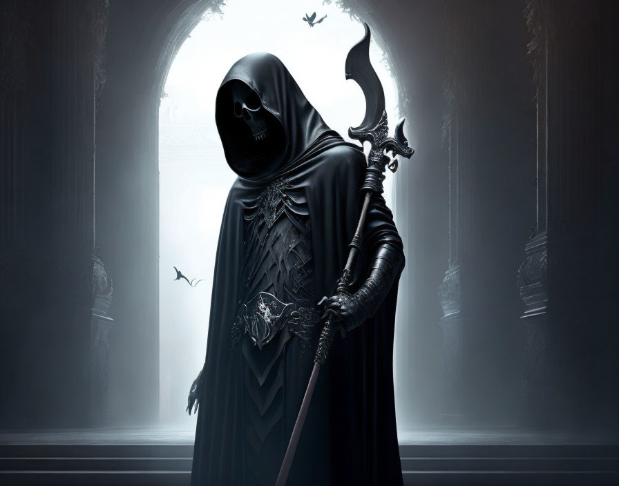 Cloaked figure with skull face holding scythe in misty gothic setting