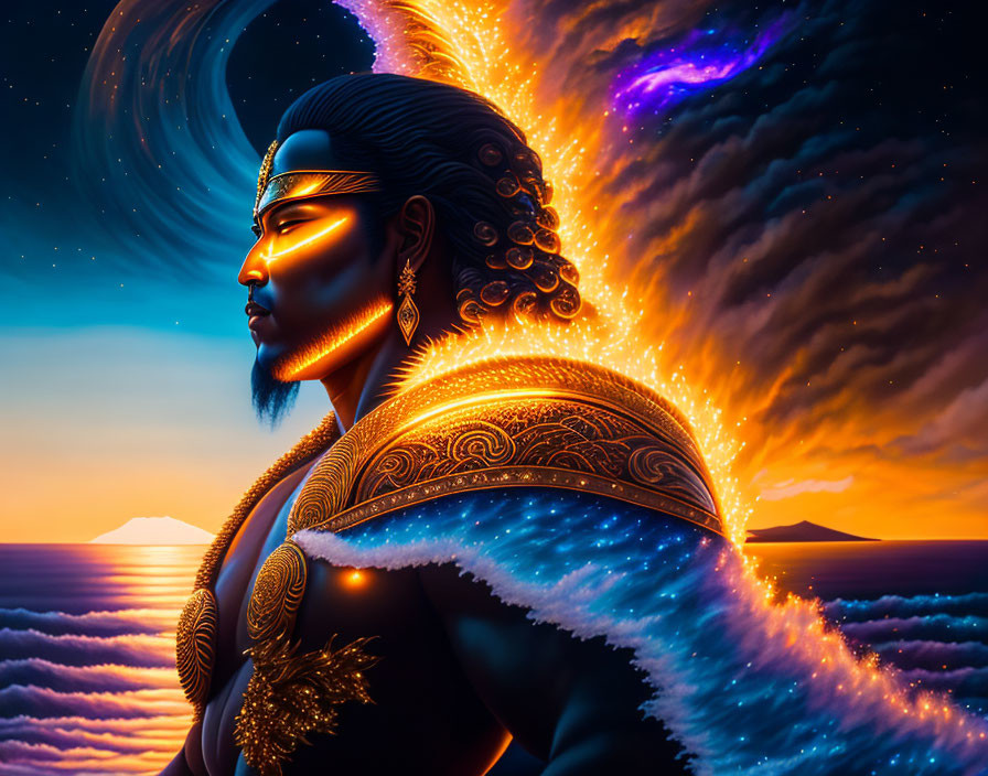 Stylized warrior profile in golden aura on cosmic ocean sunset backdrop