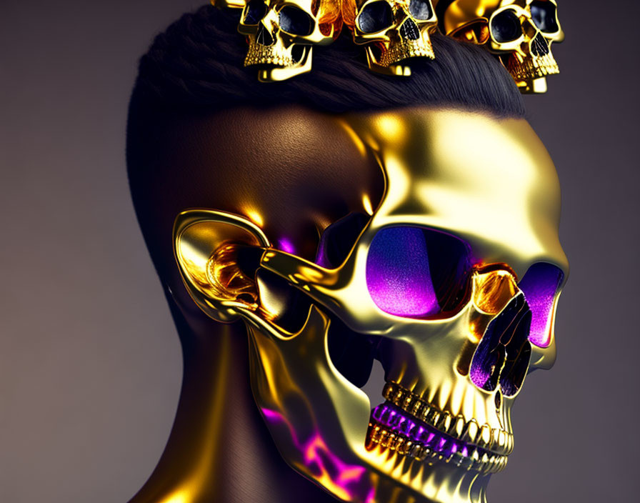 Profile merging with golden skull surrounded by smaller skulls on dark background