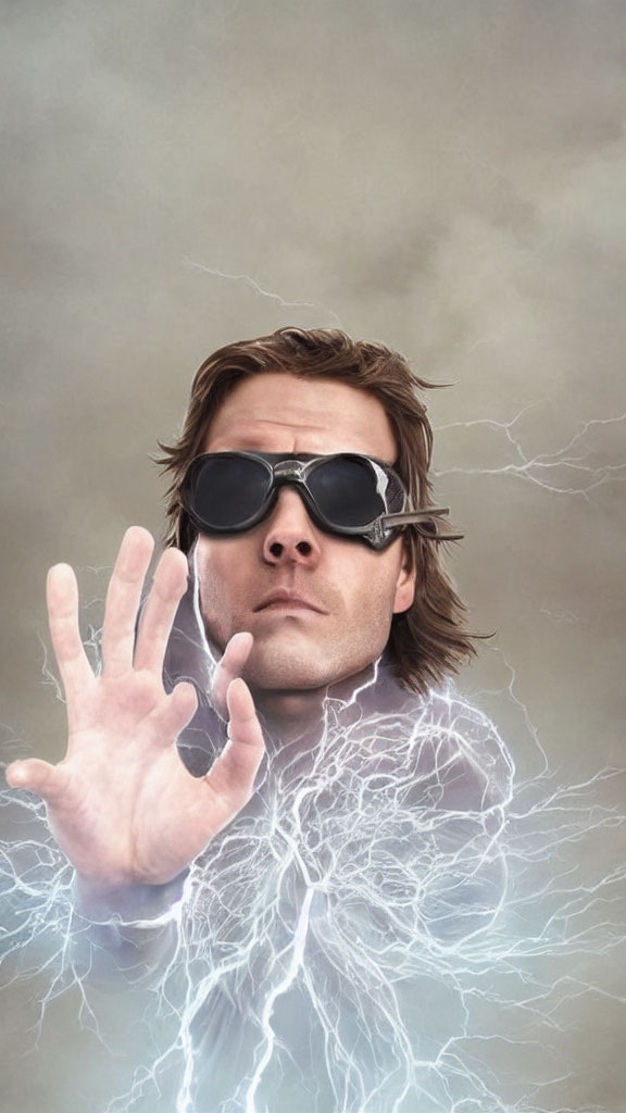 Man with Shoulder-Length Hair Wearing Black Goggles and Electrical Current in Smoky Background