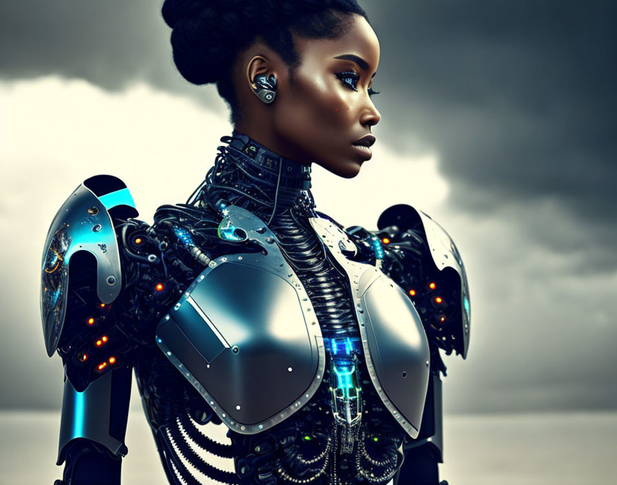 Detailed futuristic female android in sleek metallic armor.