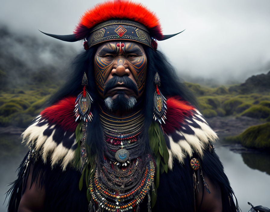 Indigenous warrior in traditional attire against misty mountain backdrop