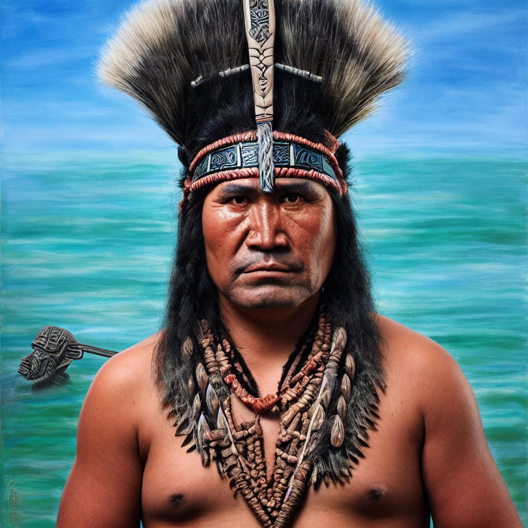 Native American individual in traditional attire against turquoise backdrop