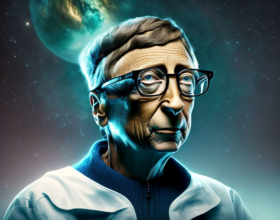 Stylized man with glasses and tracksuit in cosmic setting