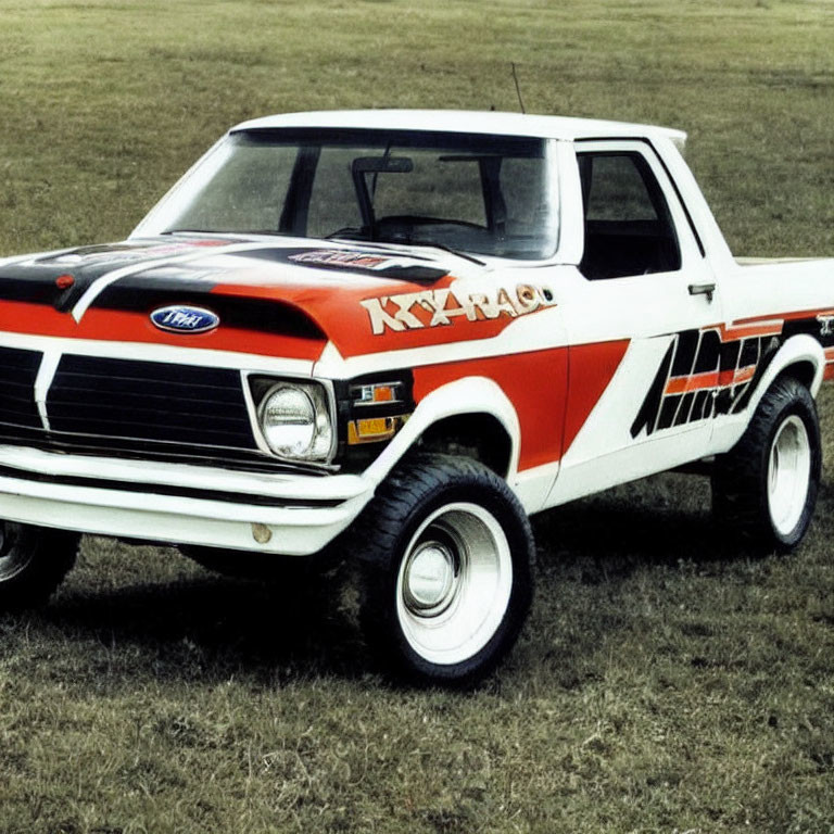 Vintage White Pickup Truck with Red and Black Livery and Off-Road Tires