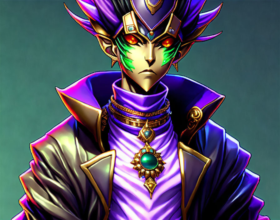 Regal character with green eyes in purple and gold attire