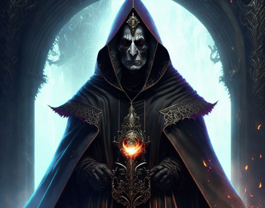 Hooded figure with glowing red eyes holding staff in gothic archway