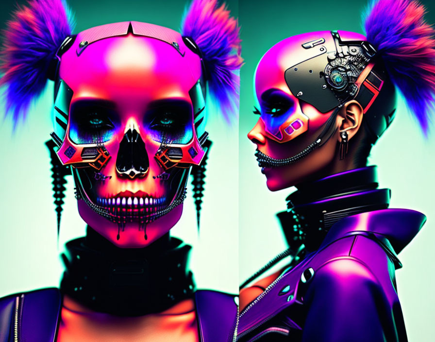 Vibrant female cyborg with skull face and neon makeup