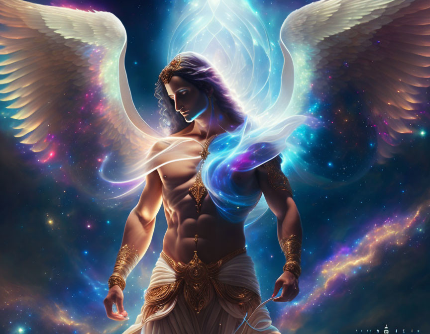 Ethereal figure with white wings and golden ornaments in cosmic space