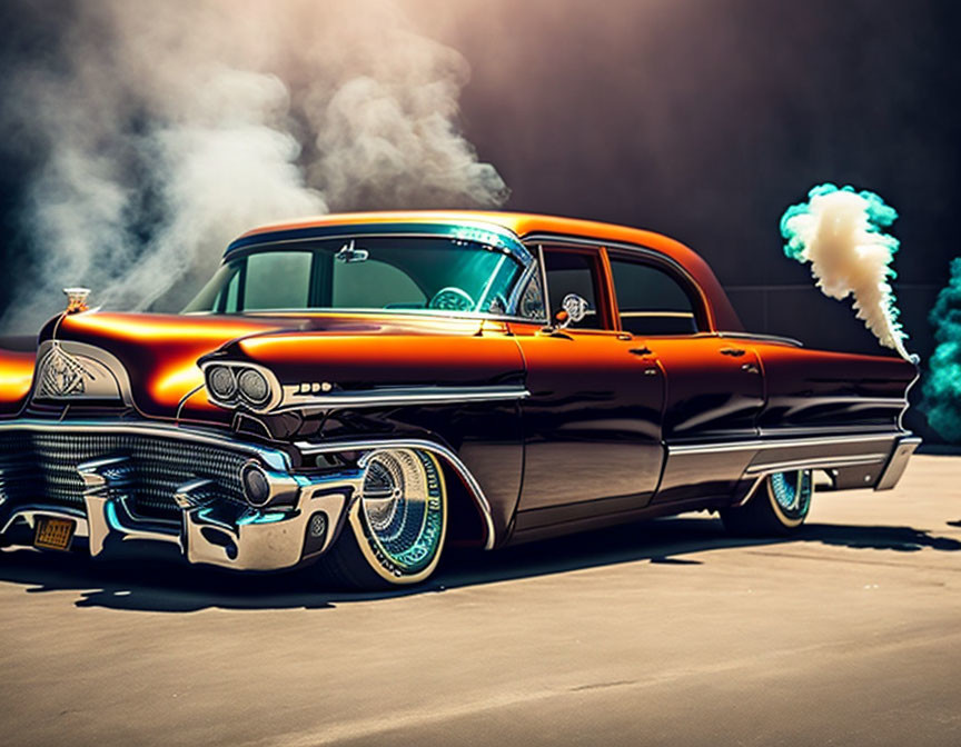 Vintage Car with White-Wall Tires Emitting Blue Smoke