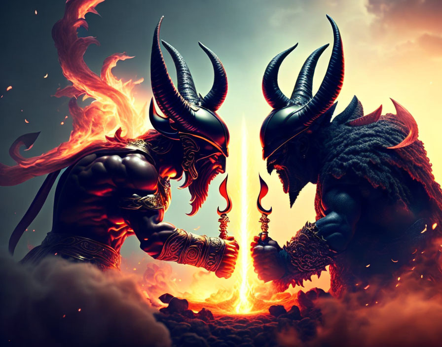 Fantasy warriors in horned helmets confront each other amid fiery backdrop