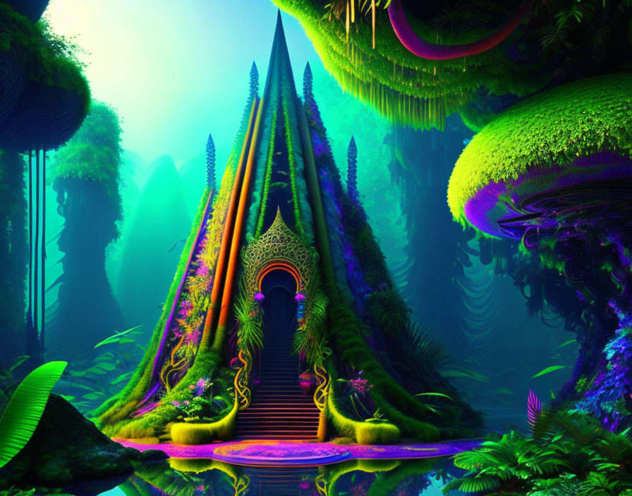 Neon-lit fantasy jungle with moss-covered spires