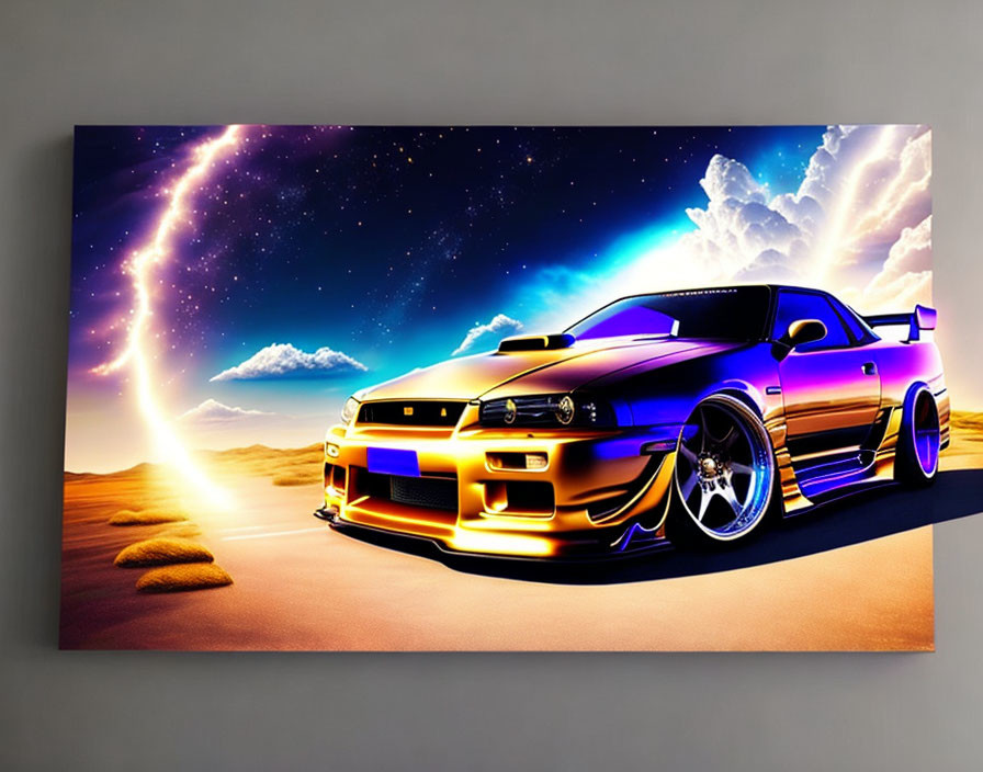 Stylized sports car digital art with cosmic sunset backdrop