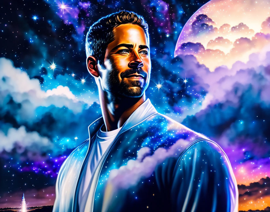 Cosmic-themed stylized portrait of a bearded man