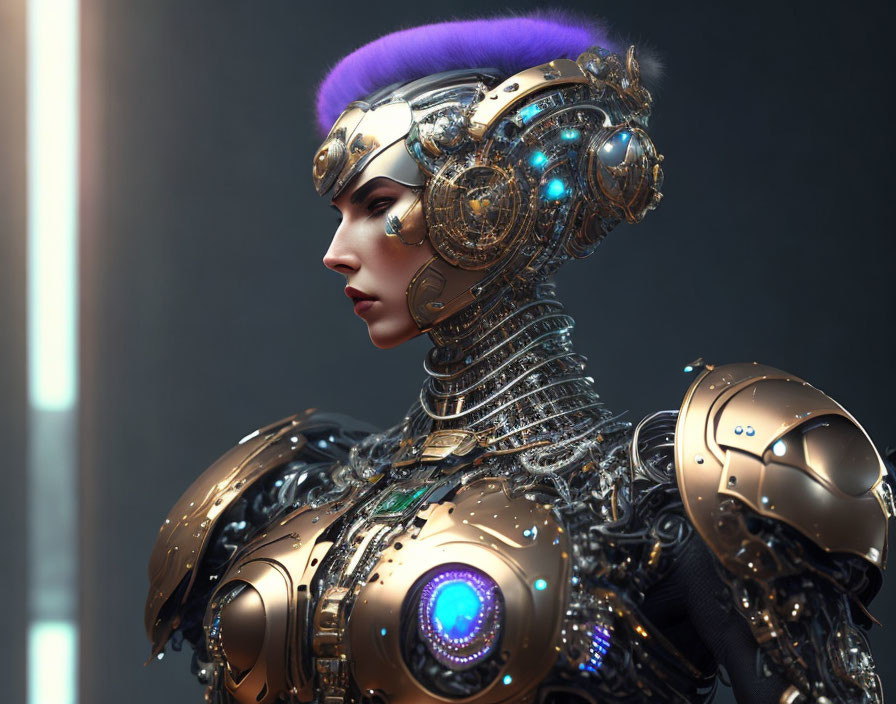 Detailed Metallic Female Android with Purple Hair & Blue Illumination