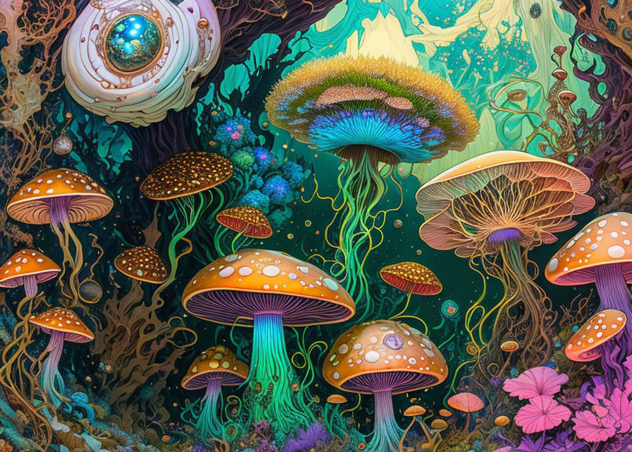 Colorful Underwater Scene with Jellyfish and Corals in Eye-like Structure