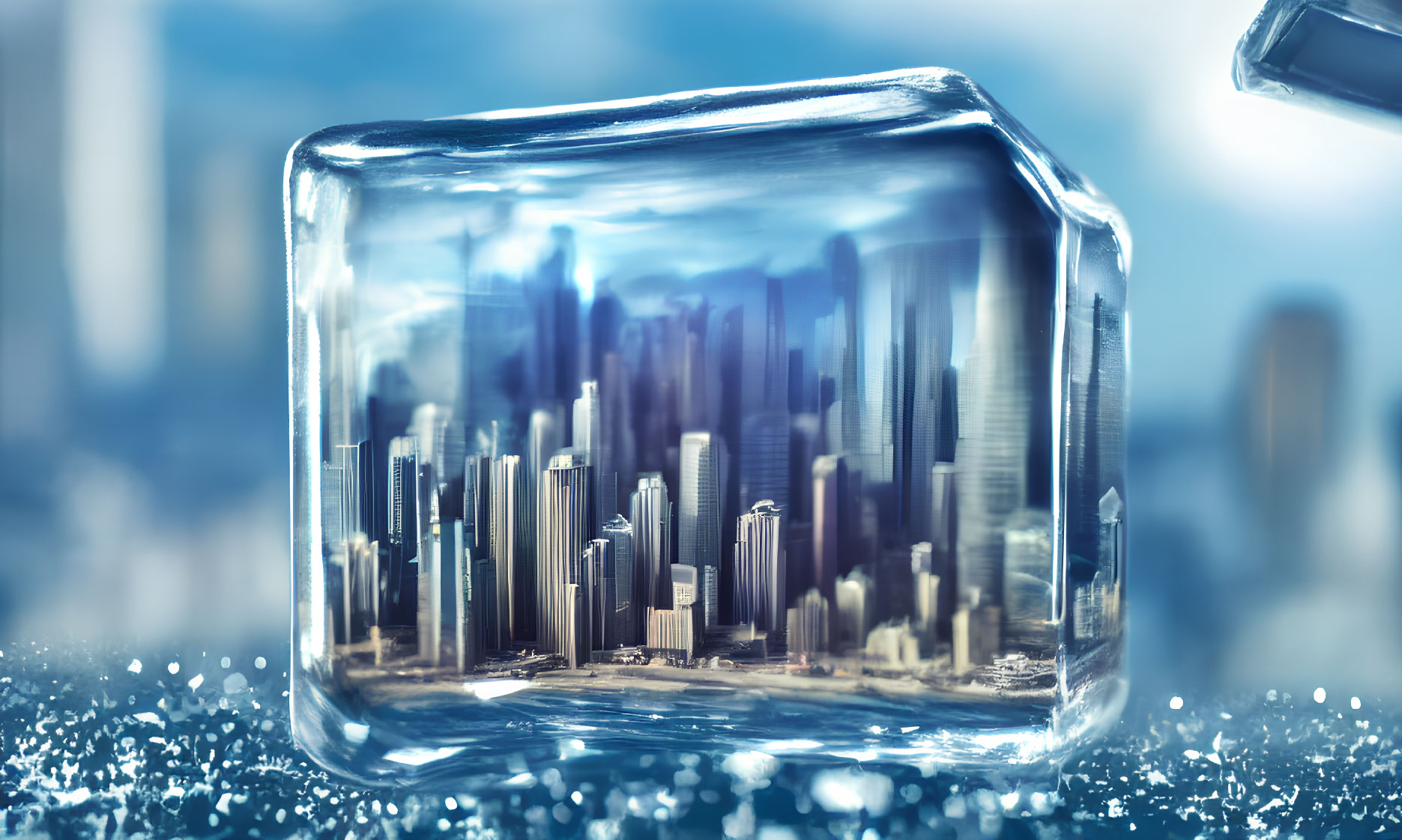 Miniature city encased in transparent ice block with surreal cityscape background