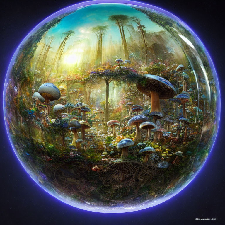 Fantastical forest with oversized mushrooms and vibrant flora captured through fisheye lens