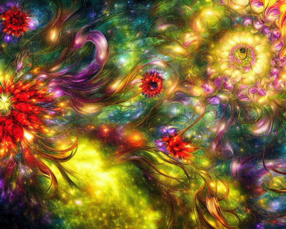 Colorful Fractal Art with Swirling Patterns and Flower-like Shapes